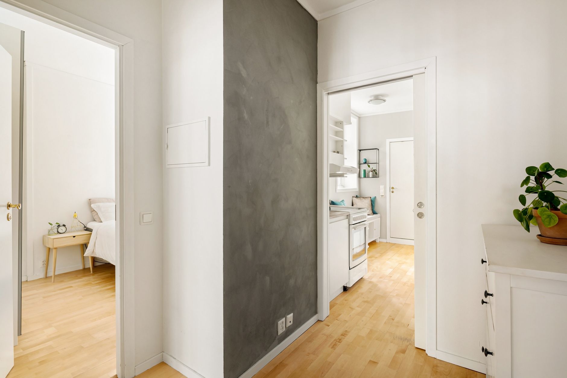 Spacious and bright modern apartment hallway featuring white walls and wooden floors.