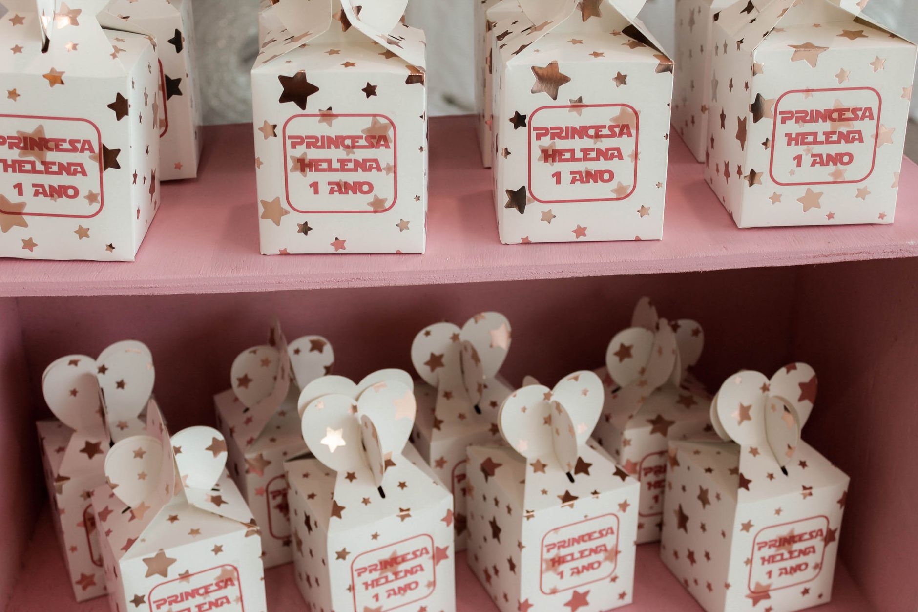 Cute birthday favor boxes for Princess Helena's 1st birthday, decorated with stars.